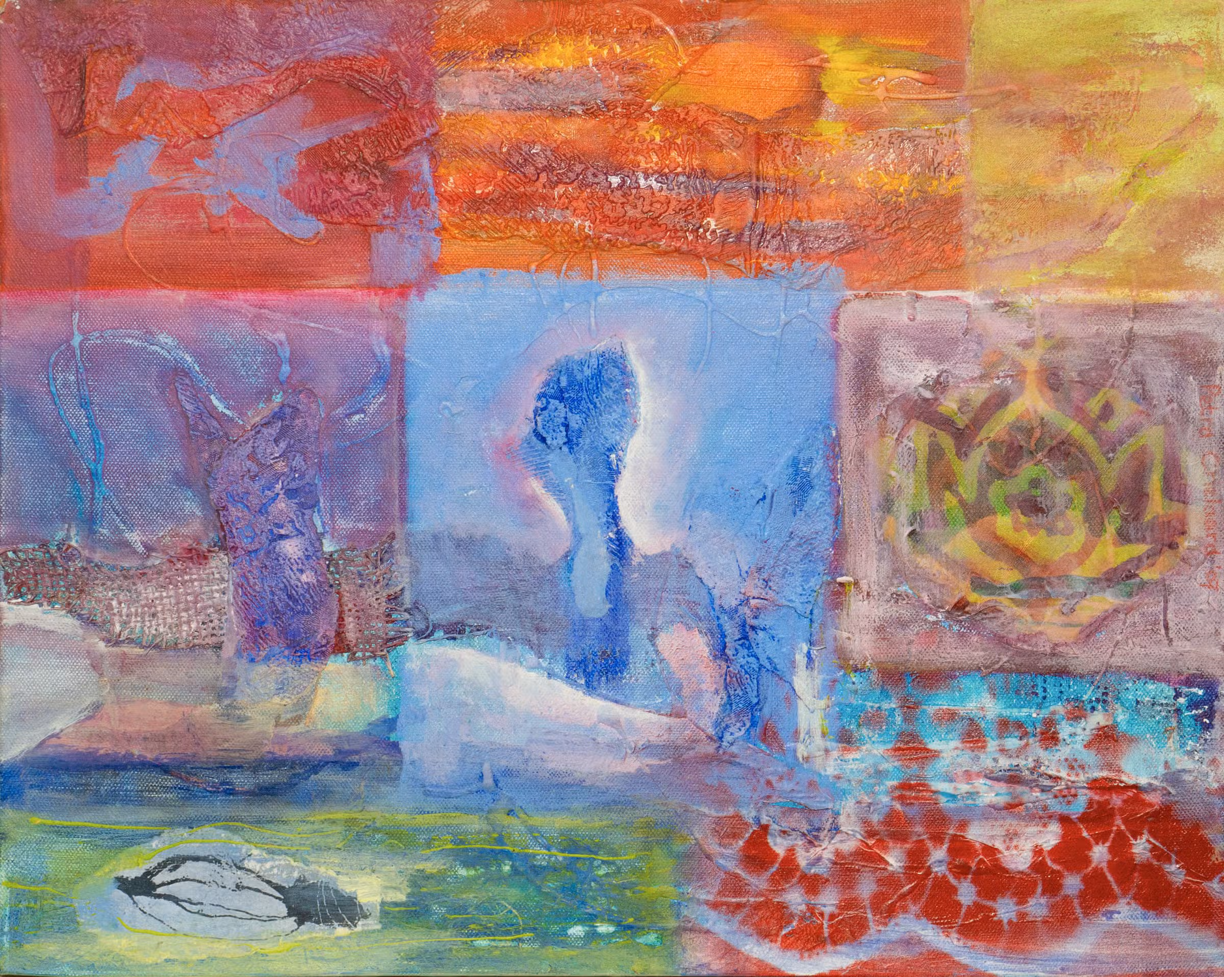 Detail — gele bloem · 6 vlakken boompje met witte rand